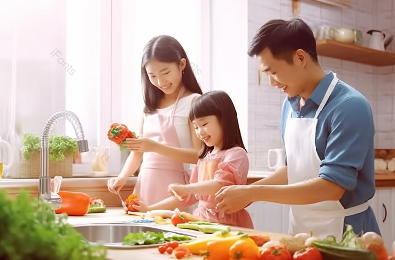 一家三口在厨房做饭,高清,摄影图,摄影图片,图片大全,摄影图免费下载